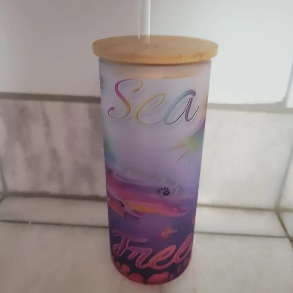Multicolor Tumbler w/ Wooden Lid & Straw Dolphins Jellyfish Underwater Sea
